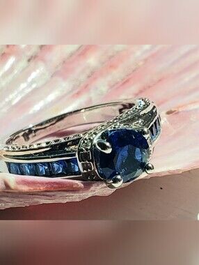 NEW Blue Sapphire Center Princess  Cut & Channel-set Sapphires-Pavé White Stones